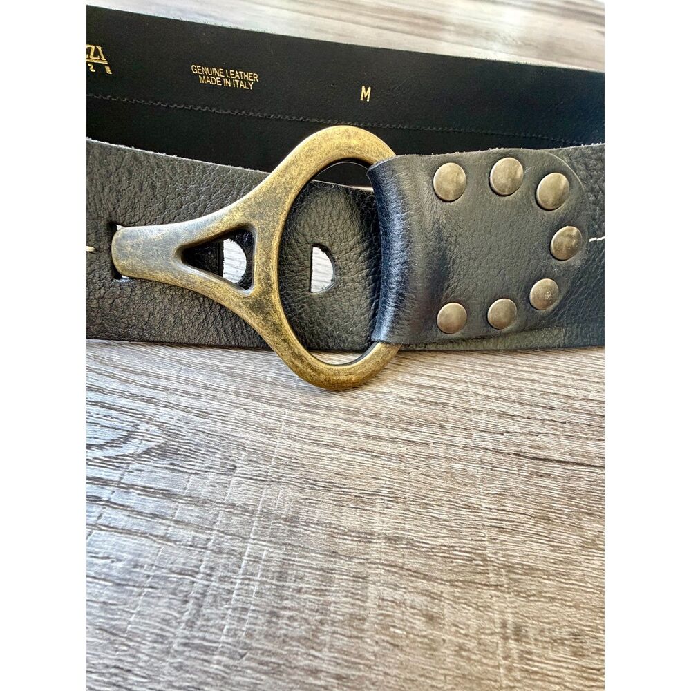 Made in Italy Antoniazzi Firenze Leather Brass Black Belt Designer Womens